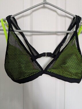 Fabletics Black Mesh Lime Green Lined Triangle Bikino Top